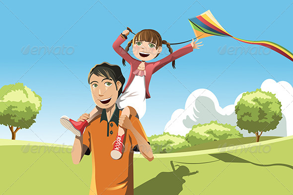 Father Daughter Playing Kite - People Characters