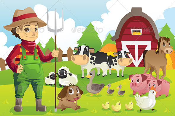 Farmer at the Farm with Animals - Characters Vectors