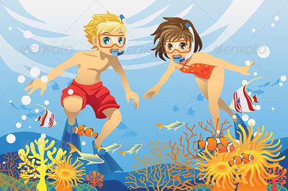 Kids Swimming Underwater - People Characters