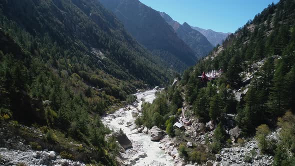Gangotri valley in the state of Uttarakhand in India seen from the sky alt