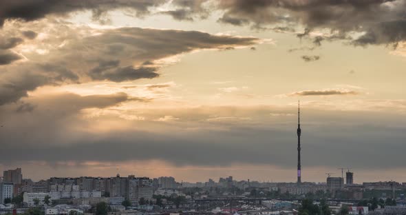 Sunset clouds around Ostankino TV tower in Moscow alt
