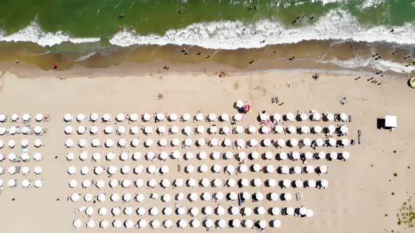 Top down aerial footage of the beautiful beach of the small town and seaside resort known as Obzor