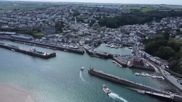 Padstow Harbour And Town Aerial View From River Camel Sunny Day