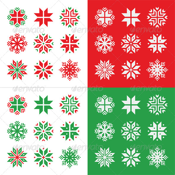 Christmas, Winter Red and Green Snowflakes Icons - Christmas Seasons/Holidays