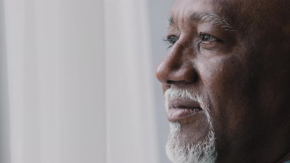 Close Up Pensive Male Old Wrinkled Face 60s African Bearded Man Deep in Sad Thoughts Looking at alt