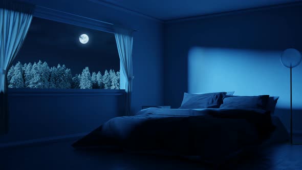 Bedroom With Cozy Low Bed In The Full Moon Night