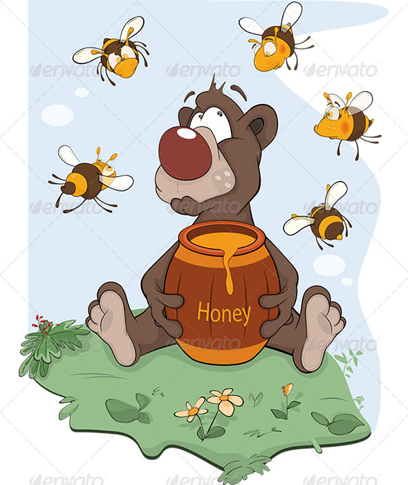 Bear and a Wooden Keg with Honey Cartoon - Animals Characters
