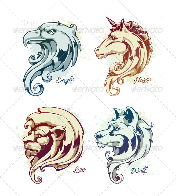 Animals Heads Vintage Vector Set - Vectors