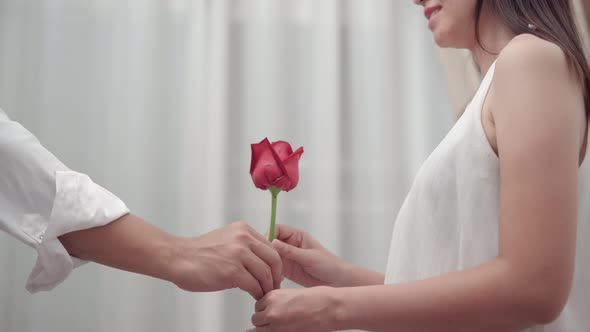 Woman receiving a red rose flower whit love