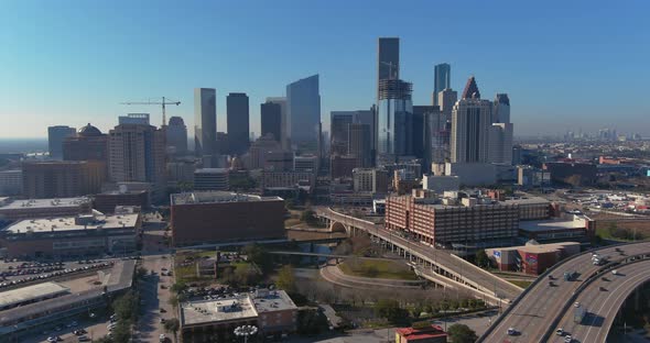 Drone view of downtown Houston on a sunny day. alt