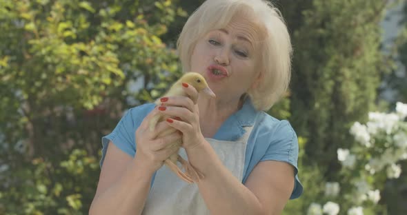Happy Senior Woman Holding Duckling and Smiling at Camera. Portrait of Cheerful Caucasian Blond Lady alt