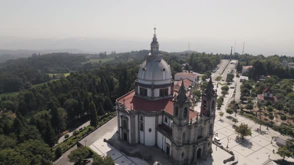 Aerial circling over Sanctuary of Our Lady of Sameiro in Braga. Portugal alt