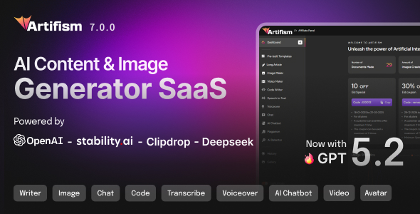 Artifism – AI Content, Image, Video, Chat, Chatbot, Voiceover & Code Generator SaaS