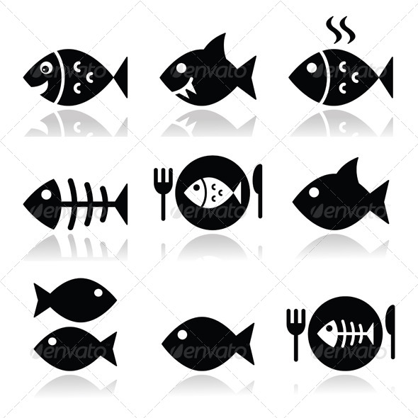 Fish, Fish on Plate, Skeleton Vector Icons - Food Objects