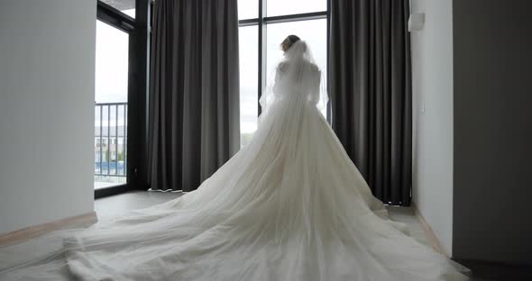 the Bride Stands By the Window in a Luxurious Wedding Dress alt