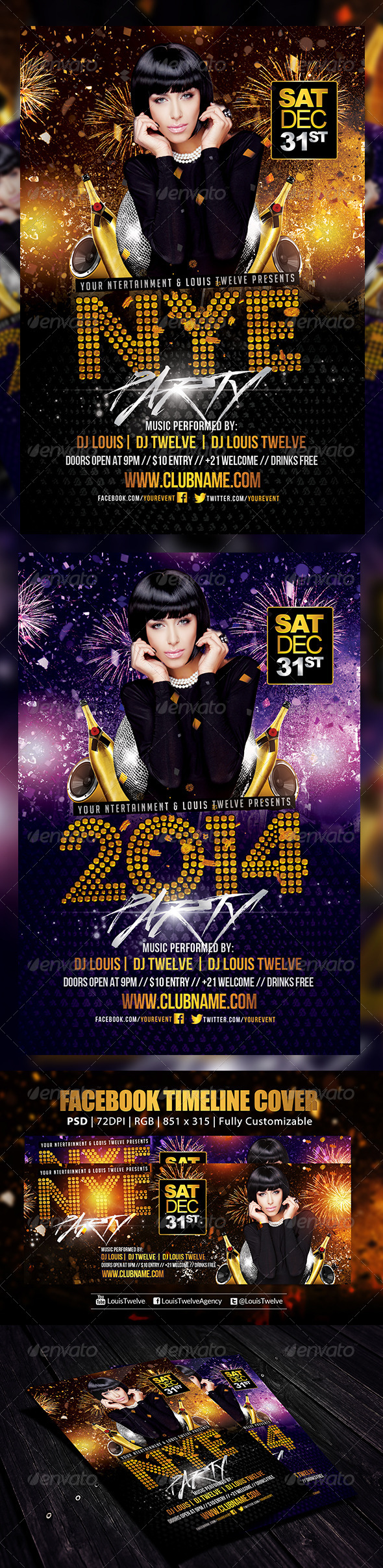 NYE Party 3 | Flyer + FB Cover - Holidays Events