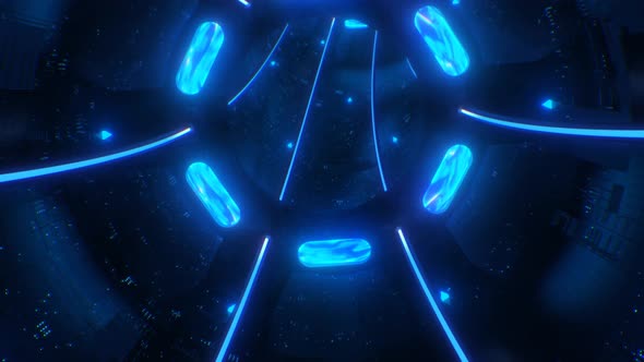 Fly in Futuristic Sci-Fi Spaceship Tunnel of Blue Neon Glow Lights - 4K alt