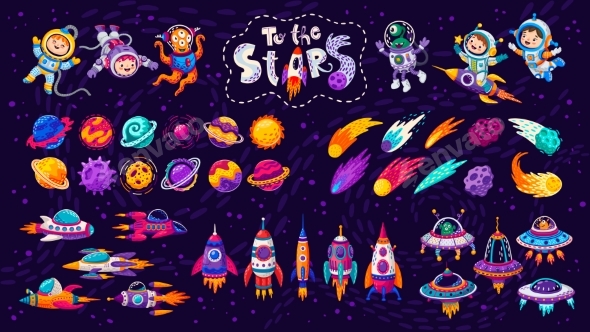 Cartoon Kids Astronauts Spaceship Rockets Galaxy