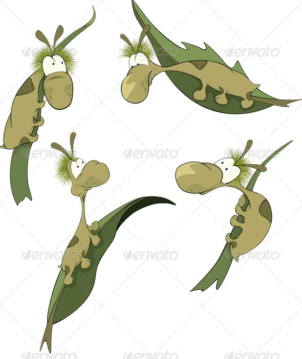 Green Worms on a Leaf Cartoon - Animals Characters