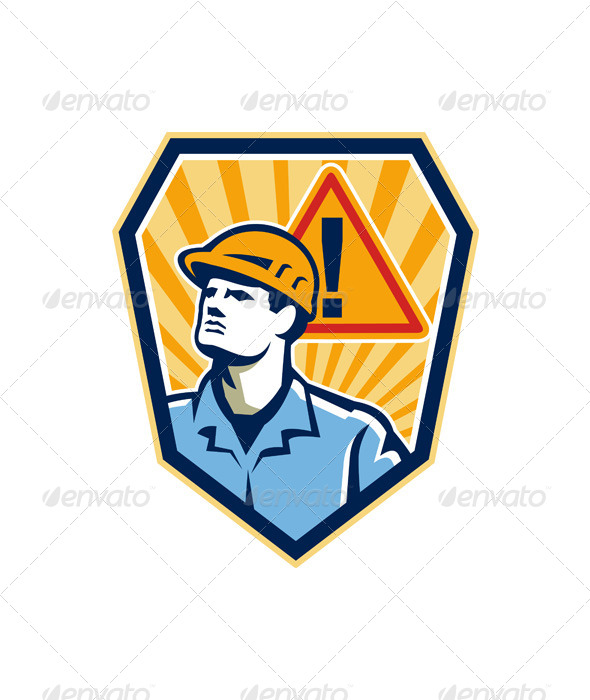 Contractor Construction Worker Caution Sign Retro - People Characters