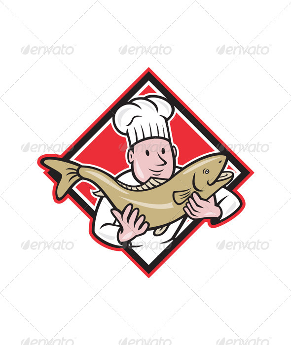 Chef Cook Handling Salmon Trout Fish Cartoon - People Characters