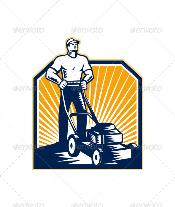 Gardener Mowing Lawn Mower Retro - People Characters