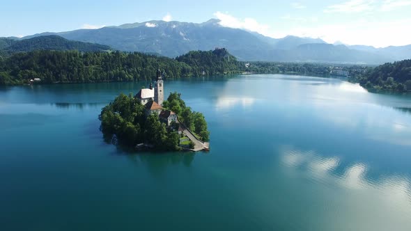 Flight above Lake Bled in Slovenia
