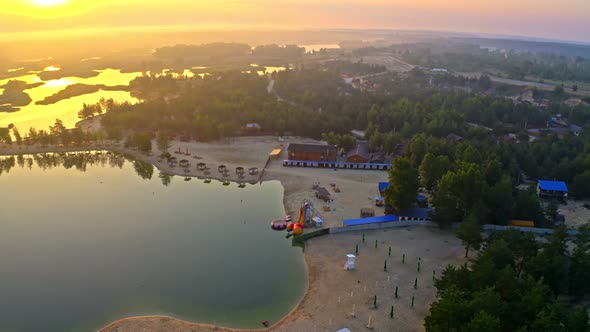 Aerial Video Filming Forest, Beach River, Lake, Body Of Water, Nature Field Sunset Dawn