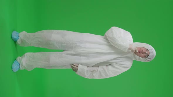 Full Body Of Asian Man Wear Protective Uniform Ppe And Thinking In The Green Screen Studio alt