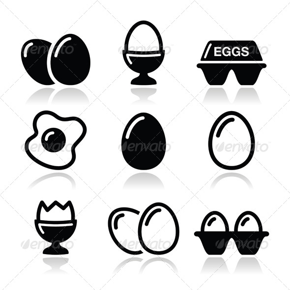Egg, Fried Egg, Egg Box Icons Set - Food Objects