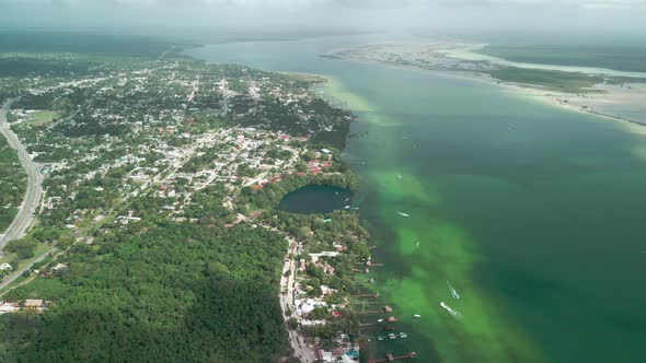 North view with a drone of the Bacalar Lagoon in Mexico alt