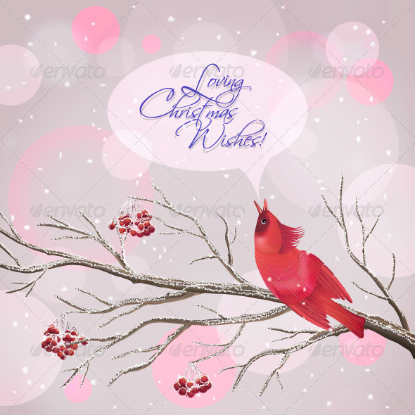 Christmas Vector Snowy Rowan Branches and Bird - Christmas Seasons/Holidays