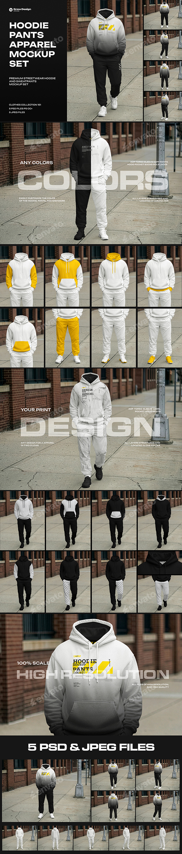 5  Walking Pose Hoodie Pants Apparel Mockup Set