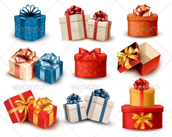 Set of Colorful Retro Gift Boxes with Bows - Christmas Seasons/Holidays