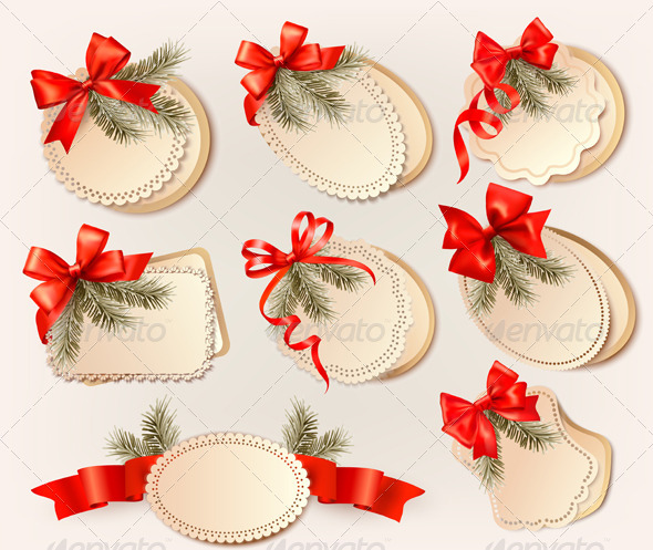 Set of Christmas Gift Cards with Red Gift Bows - Christmas Seasons/Holidays