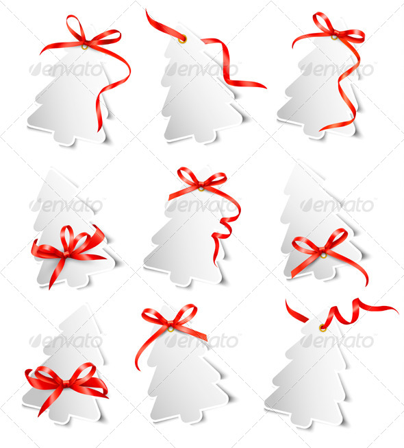 Set of Gift Cards with Red Gift Bows - Christmas Seasons/Holidays
