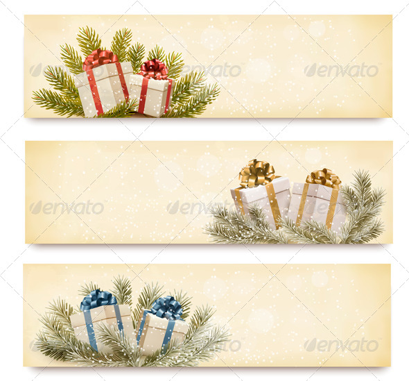 Three christmas banners with gift boxes and snowfl - Christmas Seasons/Holidays