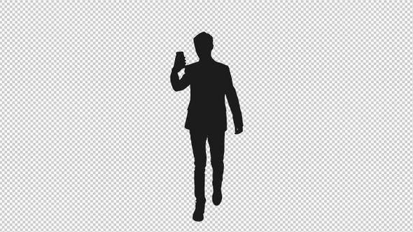 Silhouette of Young Business Man Using Mobile Phone while Walking, Alpha Channel