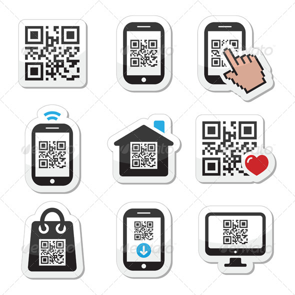 QR Code on Mobile or Cell Phone Icons Set - Media Technology