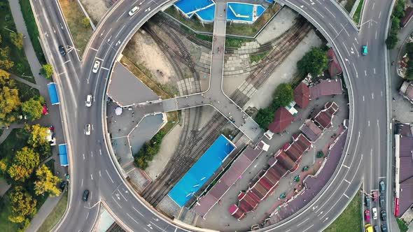 Roundabouts on the Urban Highway  Top View Aerial Drone Shot alt