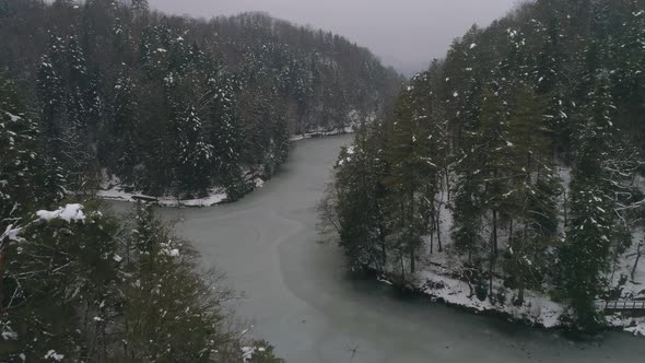 Aerial shot of frozen lake surrounded by forest at winter alt
