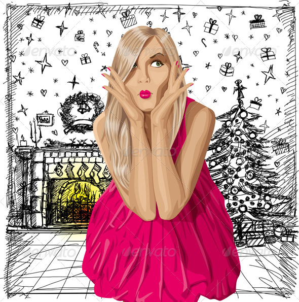 Vector Surprised Blonde in Pink Dress - People Characters