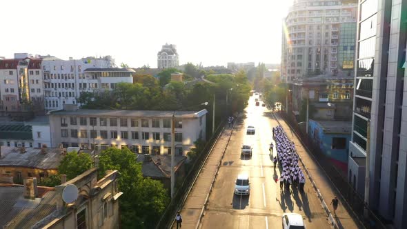 Maritime Cadets March Along the Road Students in Marine Uniform Ukraine