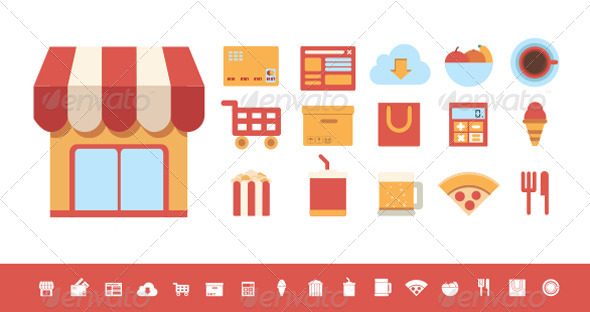 Flat Icons Food and Shopping Elements - Vectors