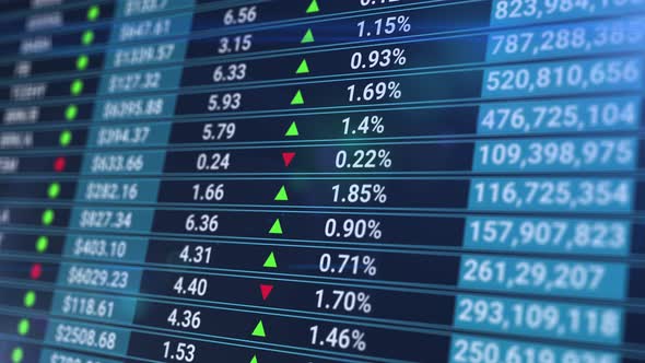 Animation of Stock Market Data Rolling and Processing Over a Grid. Digital Screen with Stats, Number alt