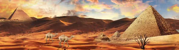 Wide Screen Arabian desert landscape and Oasis Egypt pyramid valley 04