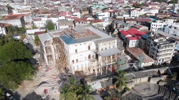 Aerial View of the Destroyed House of Wonders in Stone Town Zanzibar alt