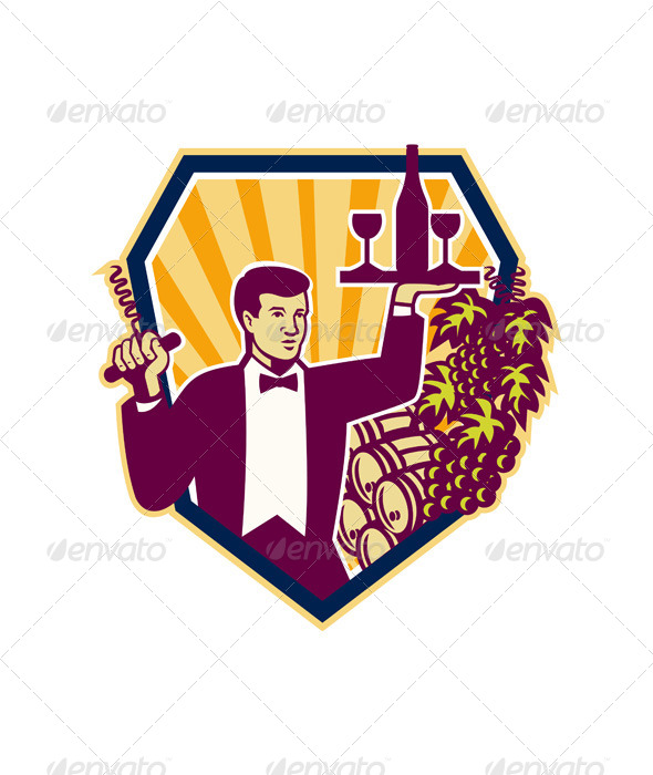 Waiter Serves Wine Glass Bottle Shield Retro - People Characters