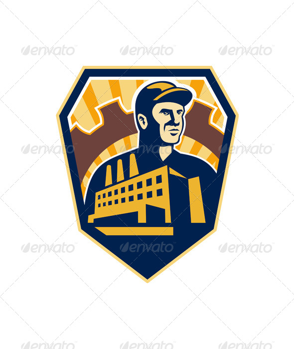 Factory Worker Building Cog Shield Retro - People Characters