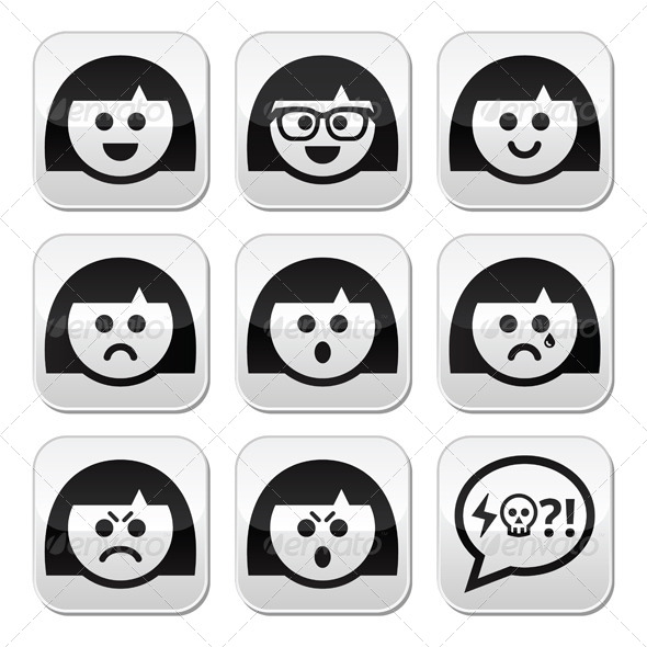 Smiley Girl or Woman Faces Avatar Buttons - People Characters
